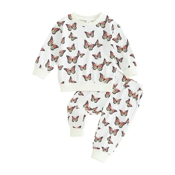 Комплект одежды из 2 предметов для маленьких девочек, толстовка с длинными рукавами и эластичными штанами с принтом бабочки, милая осенняя одежда