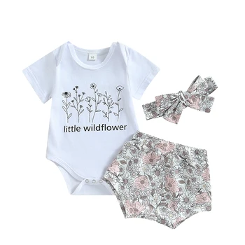 Комплекты летней одежды для новорожденных девочек, Белый комбинезон с коротким рукавом и буквенным принтом + Шорты с цветочным принтом + Повязка на голову с бантом